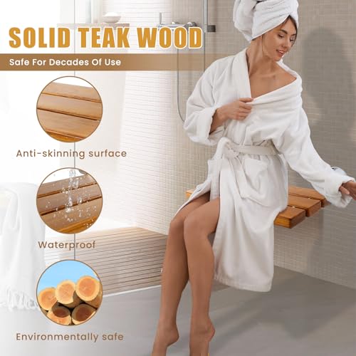 20 inchs Teak Folding Shower Seat Wall Mounted,Fold Down Shower Bench for Shower Space, Home Care Teak Wood Stool for Inside Shower,Pregnants-Maximum Load 440lb (Glossy & Yellow) - color: Glossy & Yellow