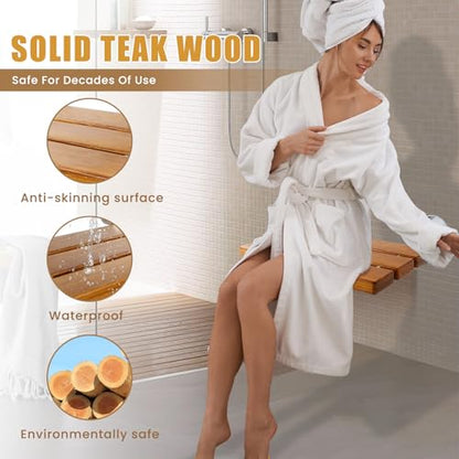 20 inchs Teak Folding Shower Seat Wall Mounted,Fold Down Shower Bench for Shower Space, Home Care Teak Wood Stool for Inside Shower,Pregnants-Maximum Load 440lb (Glossy & Yellow) - color: Glossy & Yellow