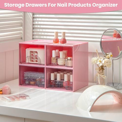 Vtopmart 4 Pack Small Clear Stackable Storage Drawers, Pink | Bathroom Makeup Accessories Organizer, Plastic Bins For Desk, Vanity, Undersink, Medicine Cabinet ,Home Organization - style: 4pack-Pink