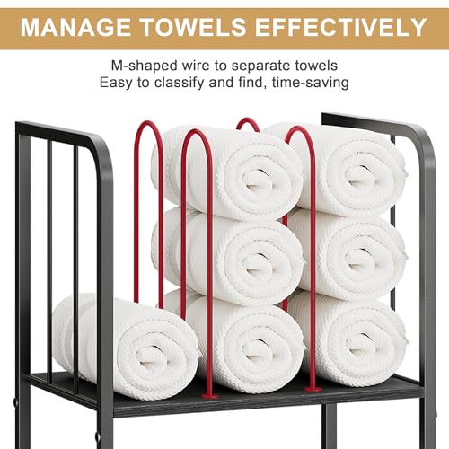 3-Tier Freestanding Towel Racks for Bathroom, Black Towel Rack Stand | Detachable M-shaped Dividers for Bath Towel Storage Premium Iron & Wood Holder Crafted for Bathroom Organization