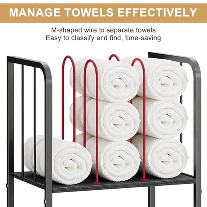3-Tier Freestanding Towel Racks for Bathroom, Black Towel Rack Stand | Detachable M-shaped Dividers for Bath Towel Storage Premium Iron & Wood Holder Crafted for Bathroom Organization