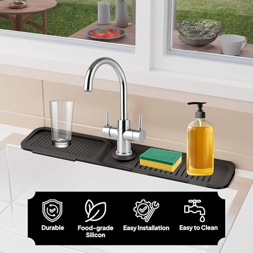 Faucet Mat for Kitchen Sink, 24 Inch Silicone Sink Splash Guard, Extra Long Faucet Drip Catcher Tray, Fast Drying Sink Drying Mat, Countertop Water Protector for Kitchen & Bathroom Sink, Black