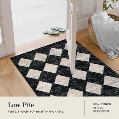 Checkered Kitchen Runner Rug 2x6 Black, Non Slip Washable Hallway Bathroom - color: Black, size: 2' x 6' (Runner)
