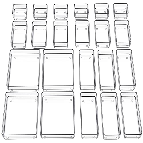 SMARTAKE 22 PCS Drawer Organizer, 4-Size Desk Bathroom Drawer Organizer | 4-Size Storage Tray with Non-Slip Silicone Pads for Makeup, Jewelries, Utensils in Bedroom Dresser, Office and Kitchen, Clear - size: Large