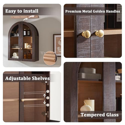Bathroom Arched Wall Cabinet,23.5'' Wide Medicine Cabinet, Bathroom Cabinet Wall Mount W/Glass Doors & Adjustable Shelves, Over The Toilet Storage Cabinet for Laundry Room, Bedroom,Kitchen, Brown - color: Brown
