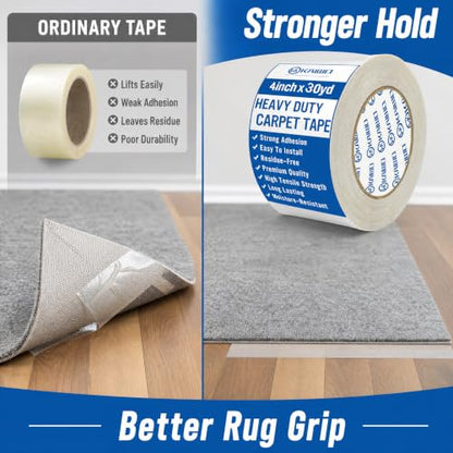 Heavy Duty Carpet Tape 4 Inch x 30 Yards, Extra Wide Double Sided Rug Gripper for Hardwood Floors, Strong Adhesive Non-Slip Tape for Area Rugs, Runners & Mats, High Tack & Durable Hold