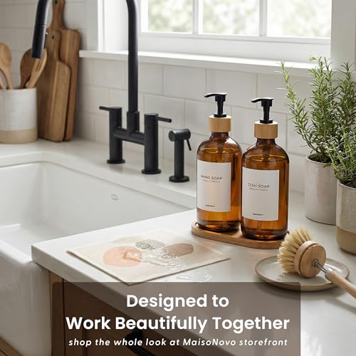 Maisonovo Dish Soap Dispenser Set - Amber Soap Dispenser Black Bamboo Pumps | Glass bottles for body wash, lotion, shampoo or conditioner · Sink, bathroom or countertop · Tray, 16.9 oz each - color: Amber Bottles Black Bamboo Pumps