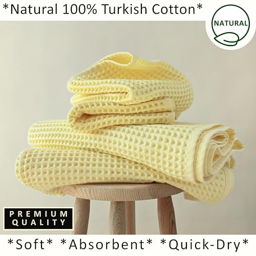 PÜSKÜL Natural 100% Turkish Cotton Waffle Towels Set of 4-Piece, L.-Yellow | 2-Bath sheet (Extra-large 32x63") and 2-Hand towel (Large 32x16"). Premium honeycomb-waffle weave, oeko-tex made in Turkiye. - color: Light Yellow