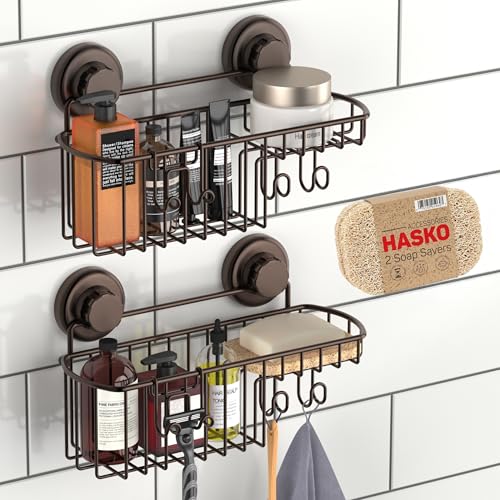 HASKO 2 Pack Shower Caddy Suction Cup with Hooks & Soap holder, Includes 2 Soap Savers, Shower Shelf, Bathroom Storage Organizer, Rustproof Shampoo Holder, Bronze - color: Bronze (2 Pack)
