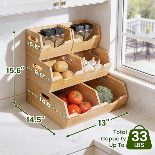 HOMESTEAD 3-Tier Bamboo Pantry Storage Bins – Stackable Potato & Onion Storage Bin with Handles, Fruit Basket & Produce Organizer for Kitchen Countertop, Pantry Organization, Set of 5 - size: 3-Tier ( 5 pack )