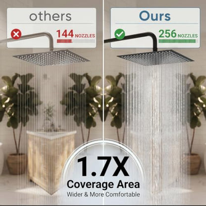 12 Inch Rain Shower Head, 12" Square Rainfall & High Pressure Stainless Steel Bath Showerhead, 1/16" Ultra Thin, Waterfall Full Body Coverage with Silicone Nozzle, Matte Black Finish | Square Rain Bathroom Showerhead, High Flow, Large Stainless Steel, Cei