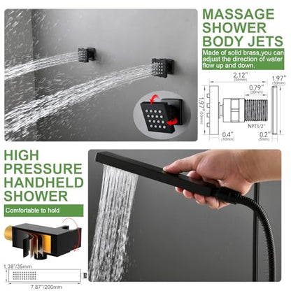 HOMEDEC Dual Side 6" Wall Mounted and 15.7x31.5" Shower Head System, with Handheld and 6 Spray Jets, Ceiling Mount Rain Shower Faucet Set, Black - color: Black, style: 5-Way + 2x 6" Top