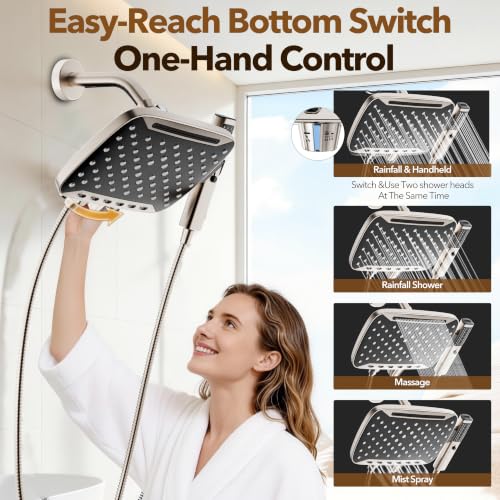 JDO High Pressure Rain Shower Head with Handheld Spray Brushed Nickel | 7 Modes Dual Shower Head, 10-inch Rainfall Showerheads Combo, Detachable Hand Held Shower Wand, Power Jets, 71" Shower Hose - color: Brushed Nickel