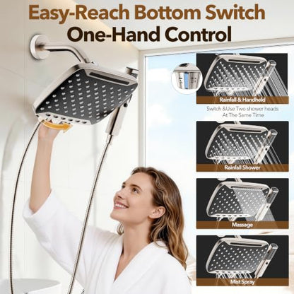 JDO High Pressure Rain Shower Head with Handheld Spray Brushed Nickel | 7 Modes Dual Shower Head, 10-inch Rainfall Showerheads Combo, Detachable Hand Held Shower Wand, Power Jets, 71" Shower Hose - color: Brushed Nickel