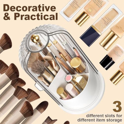 Covered Makeup Brush Holder with Sliding Lid, 360° Rotating Makeup Organizer Countertop for Vanity, Bathroom, Make up/Nail Brushes Storage, Dustproof Toothbrush Holders with Cover for Bathrooms, White