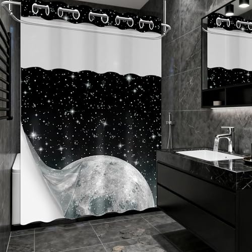 Star Moon Hookless Shower Curtain with Snap in Liner, Space Black and White Watercolor Night Sky Galaxy No Hook Double Layer Shower Curtains and Liner Set, Waterproof Cloth Fabric 71" W X 74" L - color: Black, size: 71"W x 74"L (Pack of 1)