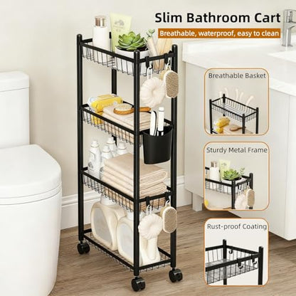 Slim Rolling Storage Cart, 4 Tier Narrow Utility Cart with Wheels, Skinny Metal Mobile Shelf Unit Organizer for Bathroom Kitchen Laundry Room Pantry Office Small Spaces, Black