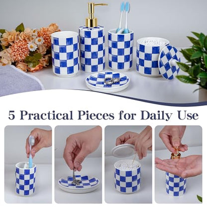 Ceramic Bathroom Soap Dispenser Set, Checkered Bathroom Vanity Set with Lotion Pump, Toothbrush Holder, Soap Dish & Storage Jar, Modern Bathroom Sink Accessories (Blue) - style: Blue