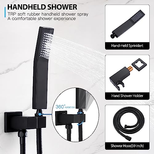 Shower System with 6 PCS Body Spray Jets 12 Inch Rain Shower Head Wall Mounted,Can Run All Together Contain Shower Faucet Rough-in Valve Body and Trim,Matte Black