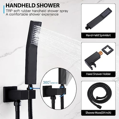 Shower System with 6 PCS Body Spray Jets 12 Inch Rain Shower Head Wall Mounted,Can Run All Together Contain Shower Faucet Rough-in Valve Body and Trim,Matte Black
