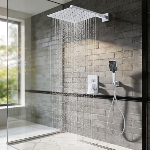 Shower System Modern Rain Brass Faucet Set With Valve and Diverter Shower Mixer With Handheld High Pressure Square Rainfall Shower Valve (12'' Wall Mount, Chrome Polished) - color: Chrome Polished, style: 12'' Wall Mount