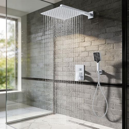 Shower System Modern Rain Brass Faucet Set With Valve and Diverter Shower Mixer With Handheld High Pressure Square Rainfall Shower Valve (12'' Wall Mount, Chrome Polished) - color: Chrome Polished, style: 12'' Wall Mount