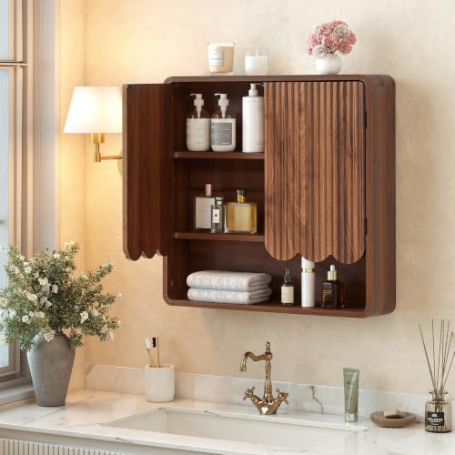 Fluted Bathroom Wall Cabinet, Wooden Bathroom Organizers, Scalloped Over The Toilet Storage Cabinet with Adjustable Shelf, Medicine Cabinets Wall Mounted for Bathroom, Laundry Room(Walnut) - color: Walnut