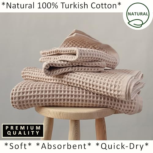 PÜSKÜL Natural 100% Turkish Cotton Waffle Towels Set of 4-Piece, Beige | 2-Bath sheet (Extra-large 32x63") and 2-Hand towel (Large 32x16"). Premium honeycomb-waffle weave, oeko-tex made in Turkiye. - color: Beige