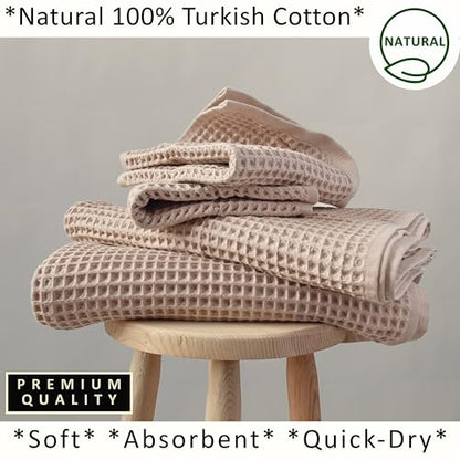 PÜSKÜL Natural 100% Turkish Cotton Waffle Towels Set of 4-Piece, Beige | 2-Bath sheet (Extra-large 32x63") and 2-Hand towel (Large 32x16"). Premium honeycomb-waffle weave, oeko-tex made in Turkiye. - color: Beige