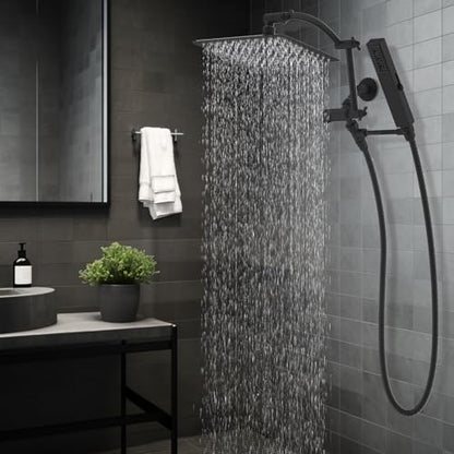 Hibbent All Metal CUPC Certified 10'' Rainfall Shower Head, Dual Shower Head Combo, High Pressure Handheld 4 Sprays Shower Wand, 16'' Adjustable Extension Arm, 71'' Hose, Shower Holder, Matte Black - color: Matte Black, style: Square 10''