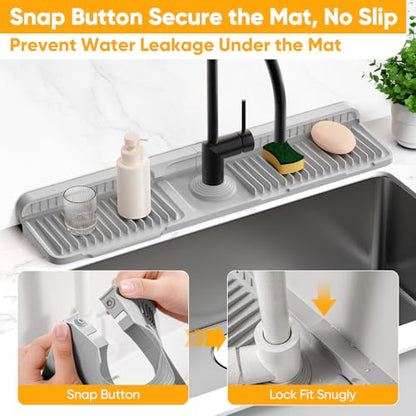 24'' Folding Faucet Mat for Kitchen Sink Splash Guard[7° Slope Fast Self-draining][Snap Lock Fit] Kitchen Sink Faucet Mat Splash Guard Kitchen Sink Area Water Splash Guard Behind Faucet Draining Mat - color: Light Gray, size: 24" x 5.5"