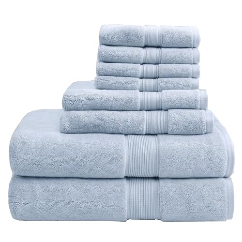 Madison Park 800GSM 100% Cotton Bathroom Bath Towel Set of 8, Light Blue | Long Staple, Highly Absorbent, Durable Hotel Spa Quality, Quick Dry, Double Stitched Hems, Lint Reducing, OEKO-TEX Certified - color: Light Blue, size: Multi-Sizes
