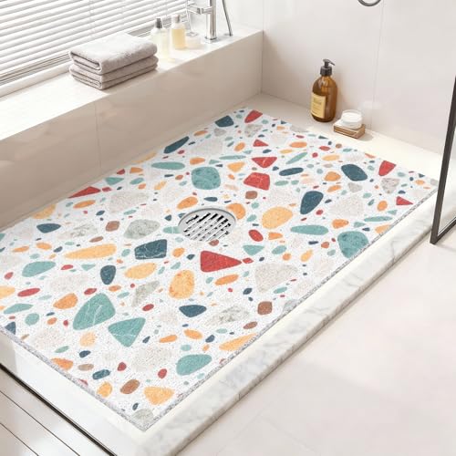 Non Slip Shower Mat: 32x24 Inch Extra Large Shower Mats for Inside Shower with Drain Hole in Middle - Soft PVC Loofah Anti Slip Shower Floor Mat for Standing and Walk-in Shower, Quick Drying - color: Colored Gravel, size: 24" x 32" (Rectangular)