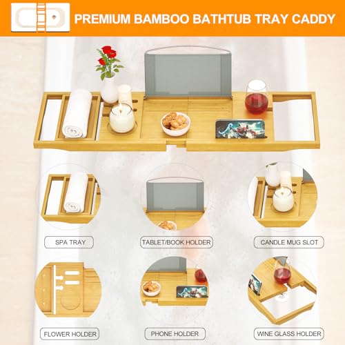 Banlilu Premium Natural Bamboo Expandable Bathtub Tray Caddy, Luxury Spa-Like Experience, Adjustable, Sturdy, Non-Slip, Foldable - color: Premium Natural