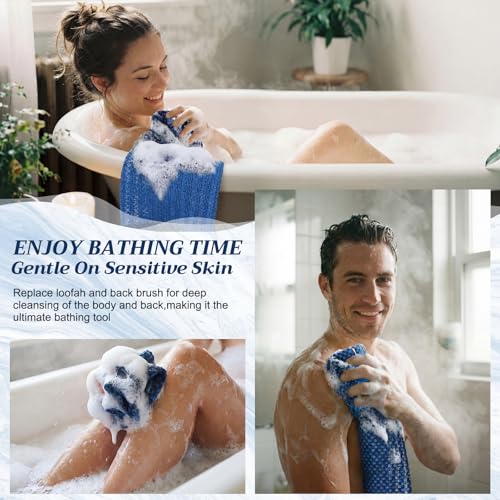 Chumia 3 Pcs Japanese Exfoliating Washcloth Towel with Handle Dual-Textured Back Scrubber for Shower Gentle Exfoliation Deep Cleanse Exfoliate Loofah Luffa Sponge Exfoliator for Women Men Bath Shower - color: Blue