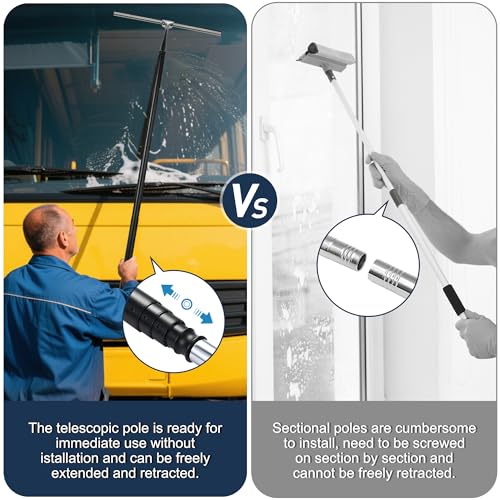 12-51’’ Telescopic Window Squeegee for High Windows, 2-in-1 Window Cleaning Kit with Extra Silicone Blade & Hook, Professional Squeegee for Shower Glass Doors (Window Squeegee for Home)