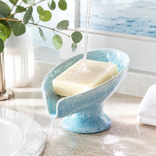 Ceramic Drain Soap Dish - Glacier Blue Leaf Self Draining Bar Soap Holder, Colorfast Stain Resistant Soap Saver for Bathroom & Kitchen, Shower, Sink, Easy Clean