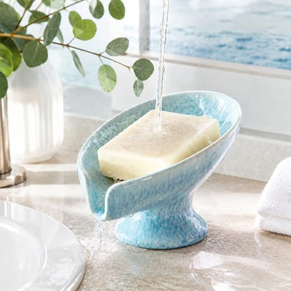 Ceramic Drain Soap Dish - Glacier Blue Leaf Self Draining Bar Soap Holder, Colorfast Stain Resistant Soap Saver for Bathroom & Kitchen, Shower, Sink, Easy Clean
