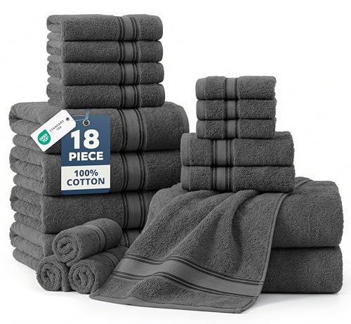 LANE LINEN Bath Towel Set 100% Cotton 18 Piece Soft Absorbent - Grey | Cotton Towel Set - Densely Woven, Coordinated Colors, Everyday Durability, OEKO-TEX Certified, Zero-Twist Durability - color: 01: Space Grey, size: 18 Piece Towel Set