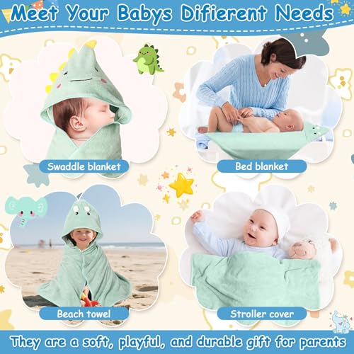8 Pcs Baby Towel and Washcloths Set, Soft Baby Towels(Elephant & Dinosaur) | 2Pcs 32x32 in Cute Hooded Baby Towels & 6Pcs Baby Washcloths for Infant, Toddler and Kid, Baby Bath Essentials for Boy & Girl - color: Green Elephant & Dinosaur-8pcs