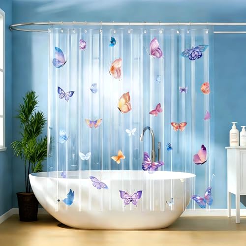Clear Butterfly Shower Curtain Liner, Colorful Plastic Transparent Pretty Shower Curtains for Bathroom, 72x78 Weighted Magnetic Shower Curtain Set with 12 Hooks - color: Clear Colorful Butterfly, size: 72"W x 78"L (Pack of 1)