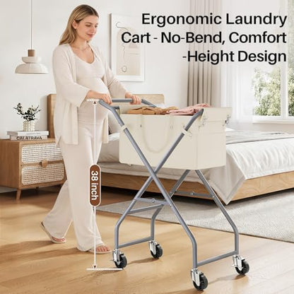 No-Bend Laundry Cart- Rolling Hamper with Locking Wheels & Handle, Foldable Basket Screw-Free Assembly, Durable Metal Frame & Removable Liner Bag for Bedroom & Bathroom (Beige) - color: Beige