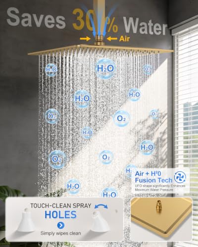 Woindo 4 Function Shower Faucet Set 12" Rain Shower Head/6'' Side Shower Head and 3 Setting Handheld Ceiling Mount Push Button Diverter Complete Rainfall Round Shower System Included Valve Trim Kit - color: Brushed Gold, style: 4-Function-Ceiling