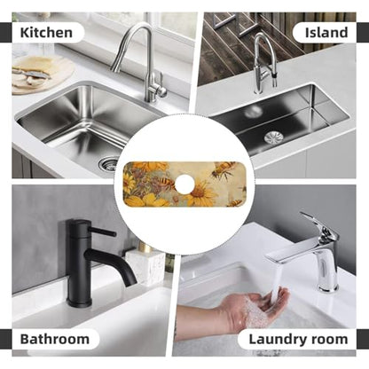 Rural Honey Bees flowers Printed Diatomite Kitchen Faucet Mat, Water Absorbent Sink Splash Guard, Quick Drying Faucet Pad , Non-Slip Sink Accessories for Kitchen Bathroom Counter (15" X 5.5" )
