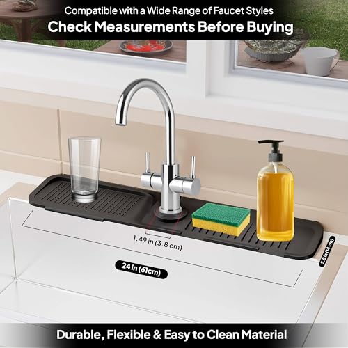 Faucet Mat for Kitchen Sink, 24 Inch Silicone Sink Splash Guard, Extra Long Faucet Drip Catcher Tray, Fast Drying Sink Drying Mat, Countertop Water Protector for Kitchen & Bathroom Sink, Black