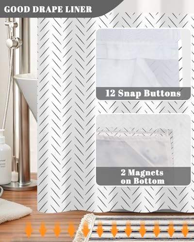 Black and White Shower Curtain with Snap in Liner, 71x74 Inch | No Hooks Needed, Double Layer Waterproof Fabric with Mesh Top, Minimalist Stripe Geometric Print for Modern Neutral Bathroom - color: Black and White