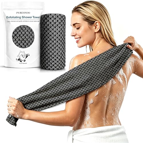 Blissal Exfoliating Towel, Silver Ion Infused Bath Washcloth for Shower, Durable Body & Back Scrubber for All Skin Types Deep Cleansing, Quick-Dry, 45-Inch Large Size, Black(1 Pack)