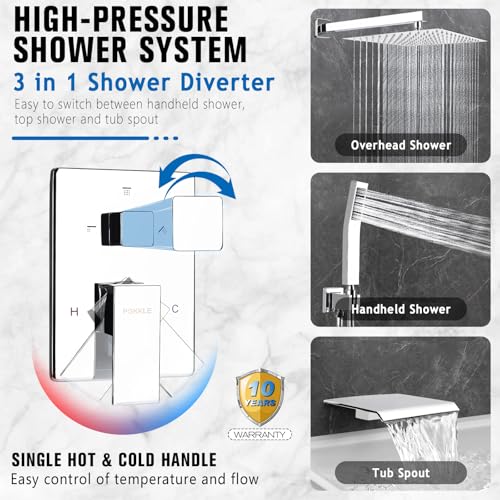12 Inch Rainfall Shower System with Tub Spout Wall Mounted Complete Combo with Solid Brass Pressure Balancing Valve, High Pressure Shower Head, Handle Set & Installation Accessories Chrome - color: Chrome