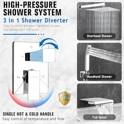 12 Inch Rainfall Shower System with Tub Spout Wall Mounted Complete Combo with Solid Brass Pressure Balancing Valve, High Pressure Shower Head, Handle Set & Installation Accessories Chrome - color: Chrome