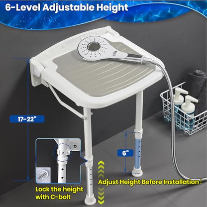 Wall Mounted Shower Seats with Bathroom Grab Bar, Support 550lbs, Adjustable Height Fold Down Shower Seat Wall Mounted, Folding Shower Bench Wall Mounted for Elderly-Adults-Pregnants-Seniors-Disabled - size: Shower Seat with grab bar